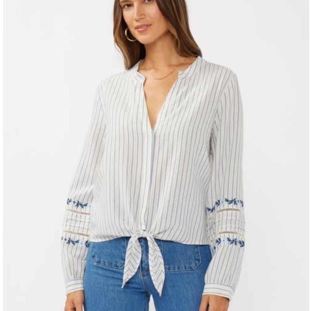 Lovestitch Albany Striped Tie Front Blouse – Embroidered Boho Resort Top NWT